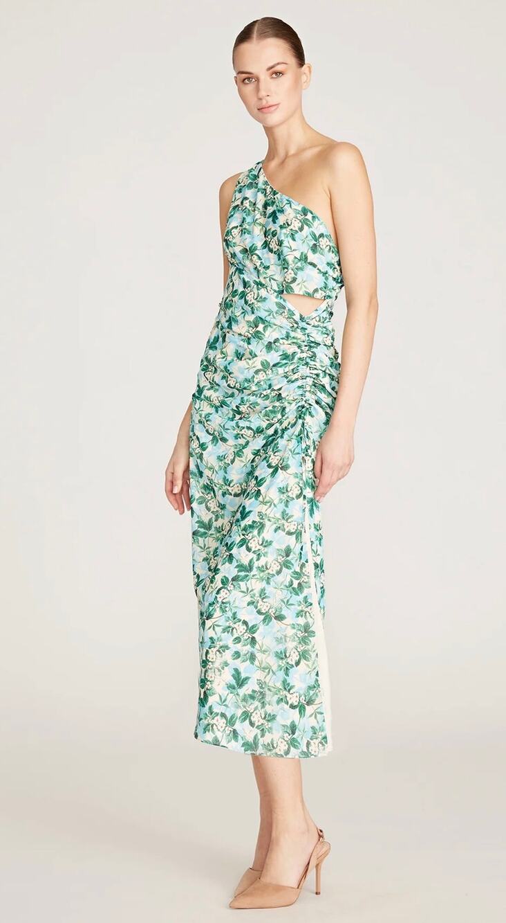 AMUR Clarissa Midi Dress Green & Blue Floral One Shoulder Ruched Side size 14